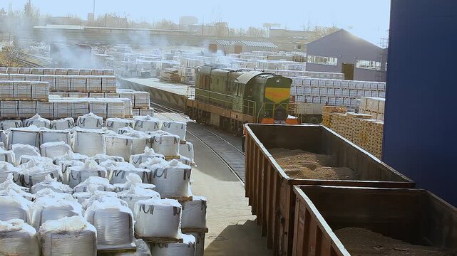 Unloading open freight cars at the factory yard with an outdoors warehouse for raw materials and bulk materials. Big bags of bulk materials at the factory warehouse yard. Outdoor storage.