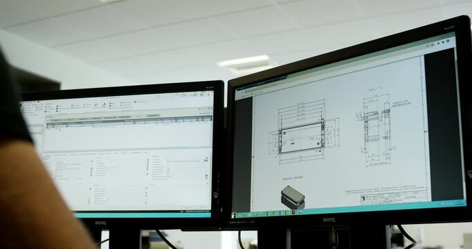Technical design drawings and data management software displayed on dual computer monitors in a professional office