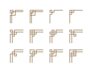 Set of twelve traditional Korean corner frames with geometric lattice patterns. Minimalist vector illustration of oriental decorative borders for greeting cards and Asian cultural events. © Tuesday04