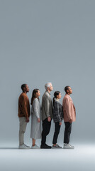Obraz premium Diverse group of people of different ages and ethnicities standing in a line against a minimalist grey background. Modern concept of unity, equality, and generational diversity in society