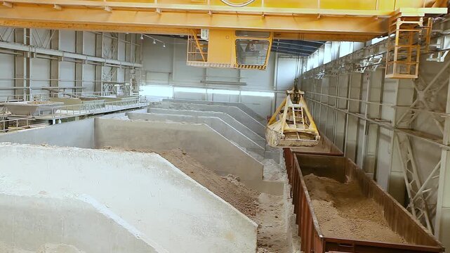 Unloading of railway wagons and storage of bulk materials in a warehouse. Sorting, loading and storage of bulk materials in a closed industrial warehouse.