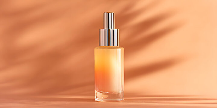 A luxurious skincare serum bottle, showcasing a radiant product presentation against a softly lit backdrop, embodies elegance and tranquility.