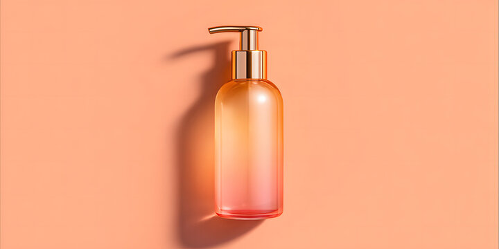 Elegant and stylish, a modern glass bottle containing cosmetic liquid sits on a monochromatic surface. Soft, diffused lighting enhances the object's clean lines and minimalist design. 