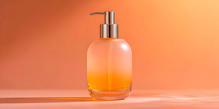 A sleek and modern liquid soap dispenser, filled with a vibrant, golden liquid, stands gracefully against a gradient orange backdrop, capturing the essence of cleanliness and sophistication.