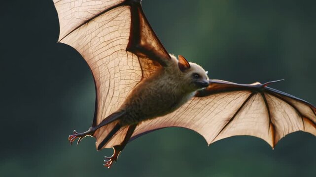 Fruit bat or flying fox flying with spread wings in dark forest showing translucent wing membrane and vein details in backlight