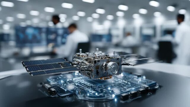 Miniature satellite prototype on testing platform in research laboratory scene inside a modern research laboratory featuring a detailed miniature satellite prototype mounted