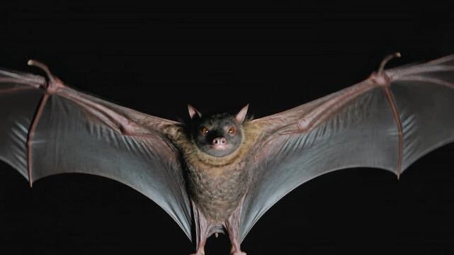 Large fruit bat with wings spread wide showing wingspan texture and facial features isolated on black background