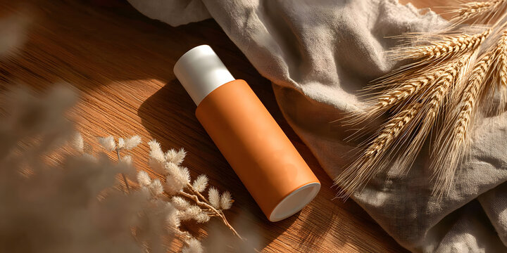 A minimalist skincare product bottle, embodying the essence of natural beauty, lies gracefully amidst a composition of natural elements. 