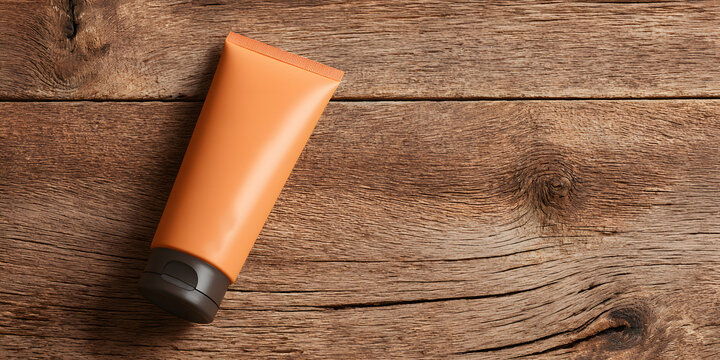 A close-up shot of an orange tube against a rustic wooden surface, creating a simple yet striking image.