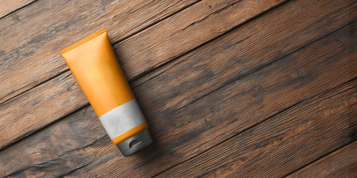 An overhead shot of a cosmetic product, artfully placed upon a wooden surface. A blend of warm tones creates a soothing feel and a rustic aesthetic.