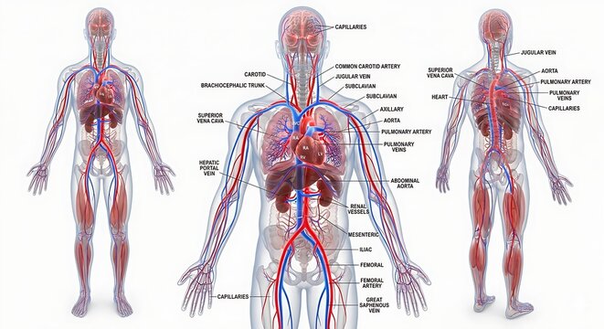 Human Circulatory System Anatomy Showing Arteries and Veins Full Body View