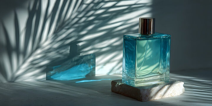 A luxurious perfume bottle casts elegant shadows, capturing the essence of freshness and sophistication, embodying a modern, minimalist aesthetic.
