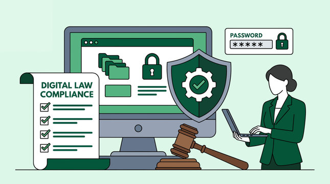 Female legal counsel using laptop beside monitor with secure folders, shield and digital law checklist, concept for cybersecurity compliance, data privacy protection and corporate legal technology