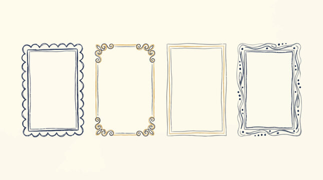 Four hand-drawn vintage decorative rectangle frames with sketchy doodle borders on cream background, concept for wedding invitation, digital scrapbooking and artistic photo presentation