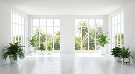 Fototapeta premium Bright White Room With Large Windows And Lush Green Plants Sunlight Reflecting On Floor