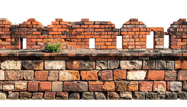 A section of a weathered brick wall. It features a crenellated top with small embrasures, showing age and texture. The backdrop is pure white