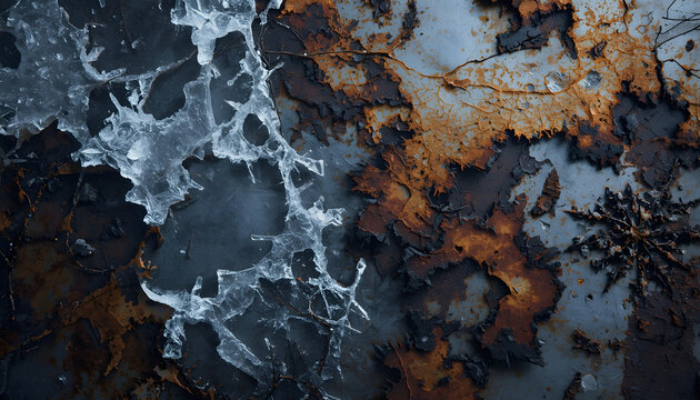 激しく錆びた金属と氷のような結晶の抽象テクスチャ、腐食した鉄板と冷たい質感の背景素材