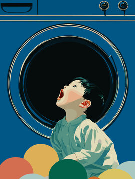A child in a light blue shirt gazes upward in awe, surrounded by colorful bubbles, with their head inside a washing machine, perfectly capturing the whimsy of child watching washer spin