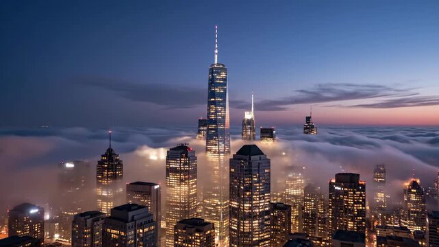 Skyscrapers rise through mist, illuminated by city lights at dawn, capturing urban serenity and grandeur