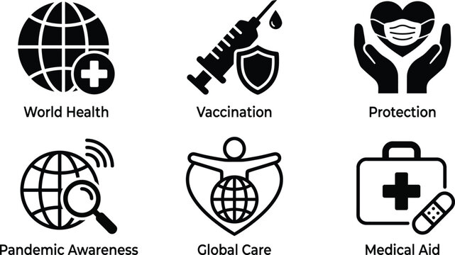 Global health and safety icons vaccination protection and pandemic awareness