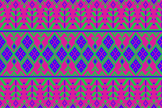 seamless geometric pattern
The design features indigenous cultural patterns, including floral motifs in blue, green leaves and stems, and a diamond shape in the center. 