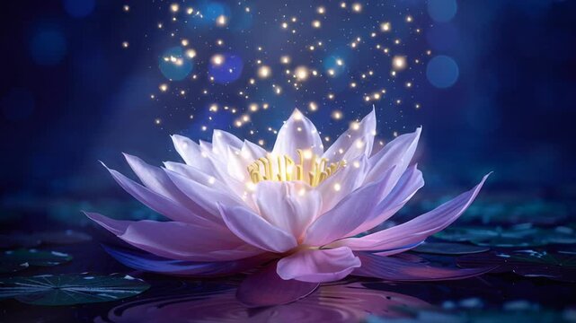 Pink lotus floating on water under deep blue bokeh, golden sparkles rising above center, luminous petals and soft reflection create magical, meditative