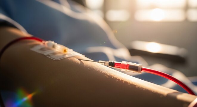 Blood donation medical procedure closeup view.