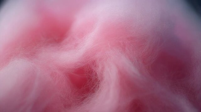 Cinematic macro drone flying slowly through dense pink cotton candy fibers