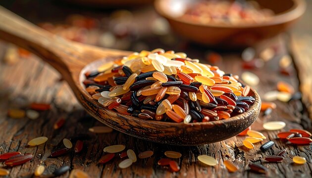 A wooden spoon filled with assorted colorful rice grains on a wooden surface