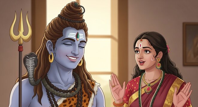 Illustration of Hindu Deities Shiva and Parvati.