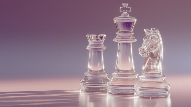 Minimal chess set with glass king, queen, and knight in pastel lighting. Concept of leadership, planning, and intellectual game