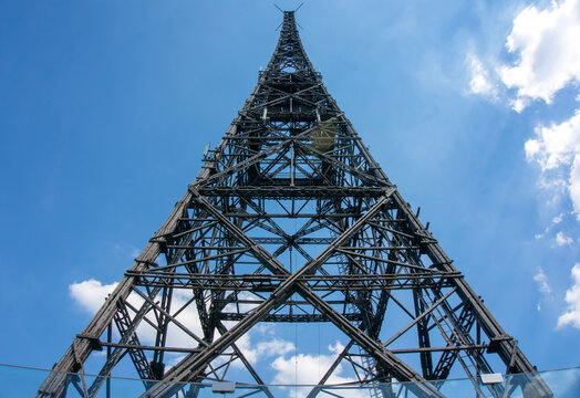 Radiostacja gliwicka. Radio Tower, tallest wooden structure in Europe, blue sky. Gliwice, Poland.