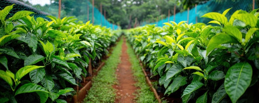 Rows of young coffee trees growing in  nursery plantation under protective green shade netting