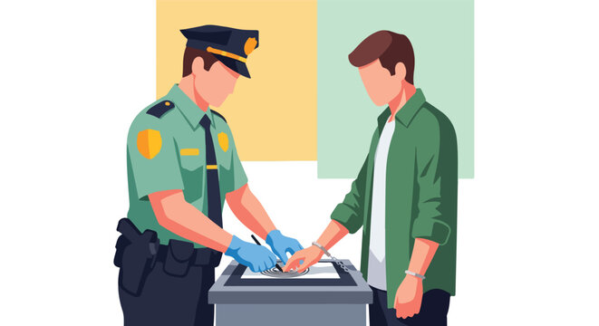 A police officer in a uniform taking fingerprints of a handcuffed young male