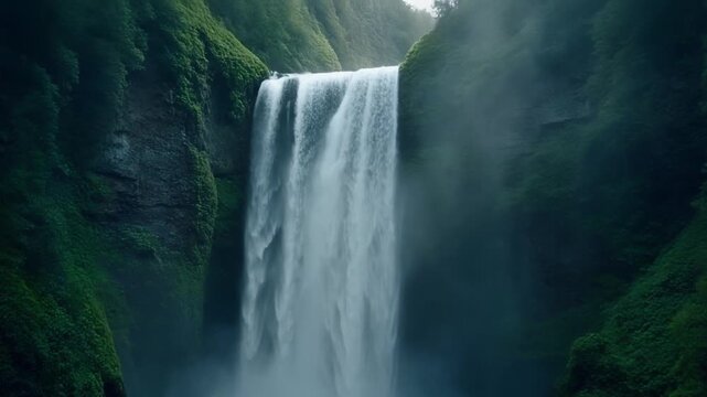 Cinematic FPV drone descending vertically alongside a powerful waterfall,