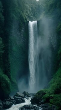 Cinematic FPV drone descending vertically alongside a powerful waterfall,
