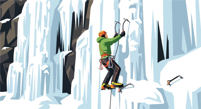 An ice climber in a green jacket scales a vertical frozen waterfall with axes