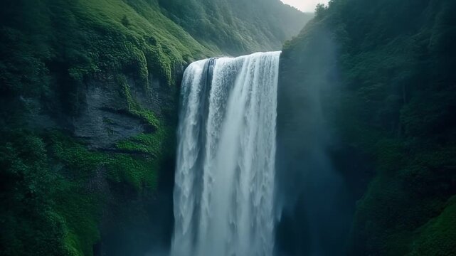 Cinematic FPV drone descending vertically alongside a powerful waterfall,