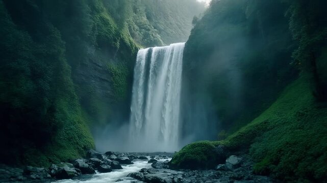 Cinematic FPV drone descending vertically alongside a powerful waterfall,