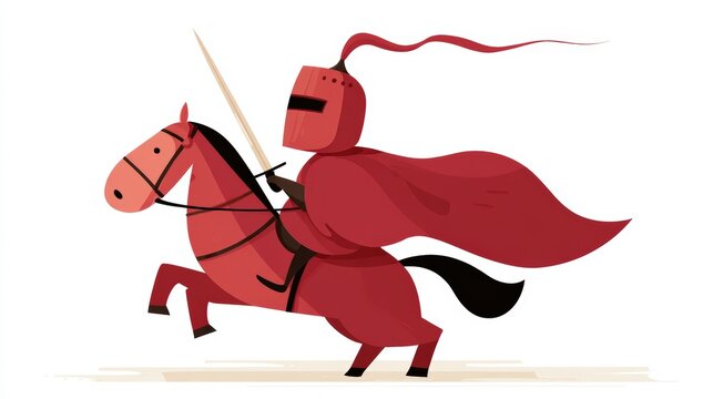 A stylized illustration of a knight in red armor riding a horse, holding a sword, This imagery can be used for fantasy themes, children's books, or gaming content,