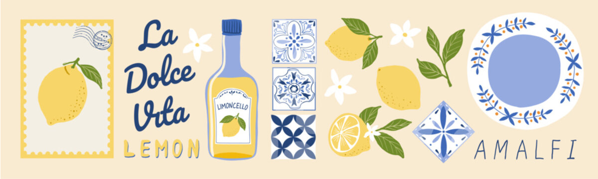 Amalfi lemon vector set, Mediterranean elements collection with limoncello bottle, tiles, plate and citrus illustrations