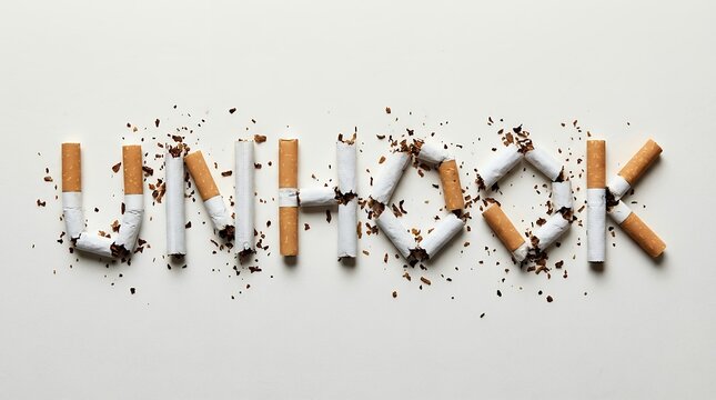 Broken cigarette butts arranged to form the word UNHOOK amidst scattered tobacco flakes conveying the concept of quitting smoking cigarettes addiction health cessation break