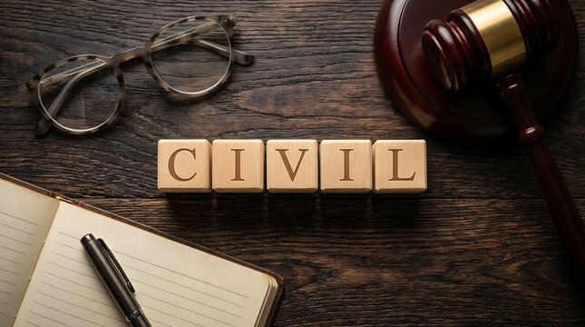 A gavel spectacles and an open notebook are arranged on a wooden surface with wooden blocks spelling out the word CIVIL law justice legal court judgment hammer decision legal system