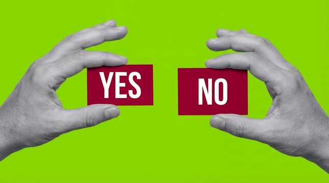 Two hands hold crimson cards with white YES and NO text against a vibrant lime green background symbolizing a choice decision option compare contrast question answer select