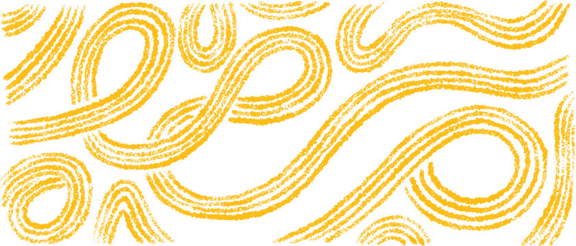 Hand drawn pasta noodle in funky doodle style. Asian and italian food illustration with wavy lines, vermicelli pattern and whimsical geometric yellow shapes on transparent backdrop. Vector pastel art