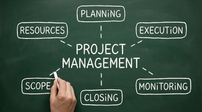 Chalk drawing of project management stages including planning resources execution scope monitoring and closing on a green blackboard business strategy process diagram flowchart