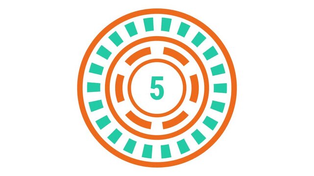 10-second gear-style countdown in teal and orange with blinking outer ring, rotating inner dash ring, and changing center number.
