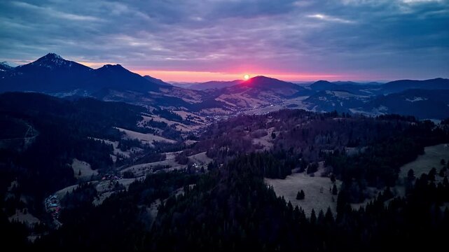 Sunset Mountain Landscape Aerial Hyperlapse