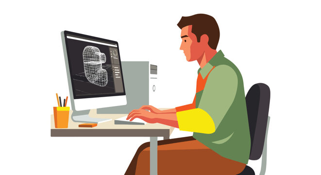 A professional graphic designer working on a 3D digital model on his desktop PC