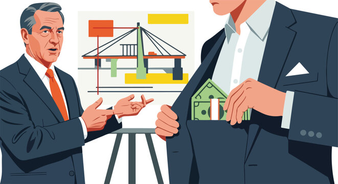 A man presents a bridge project while another puts cash into his suit pocket